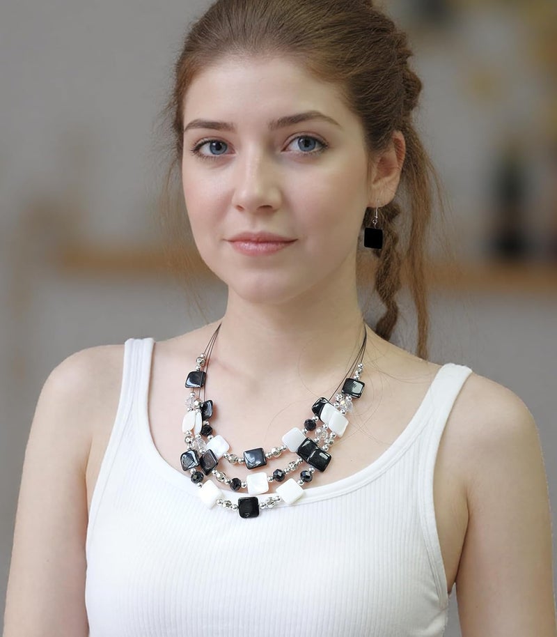 Errally Store Layered Beaded Statement Necklaces for Women Square Shell Bead Collar Necklace and Earring Set Birthday Gifts Boho Jewelry Sets for Women - Image 4